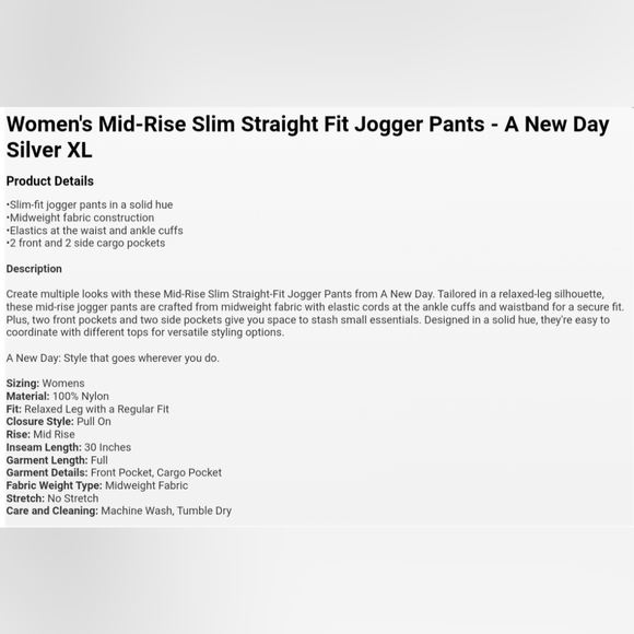 Women's Mid-Rise Slim Straight Fit Jogger Pants - A New Day Silver XL - Picture 6 of 6